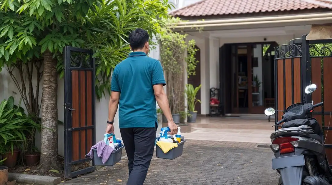 Petugas kebersihan Folclean berjalan menuju gerbang rumah, kedua tangan membawa ember berisi perlengkapan pembersih
