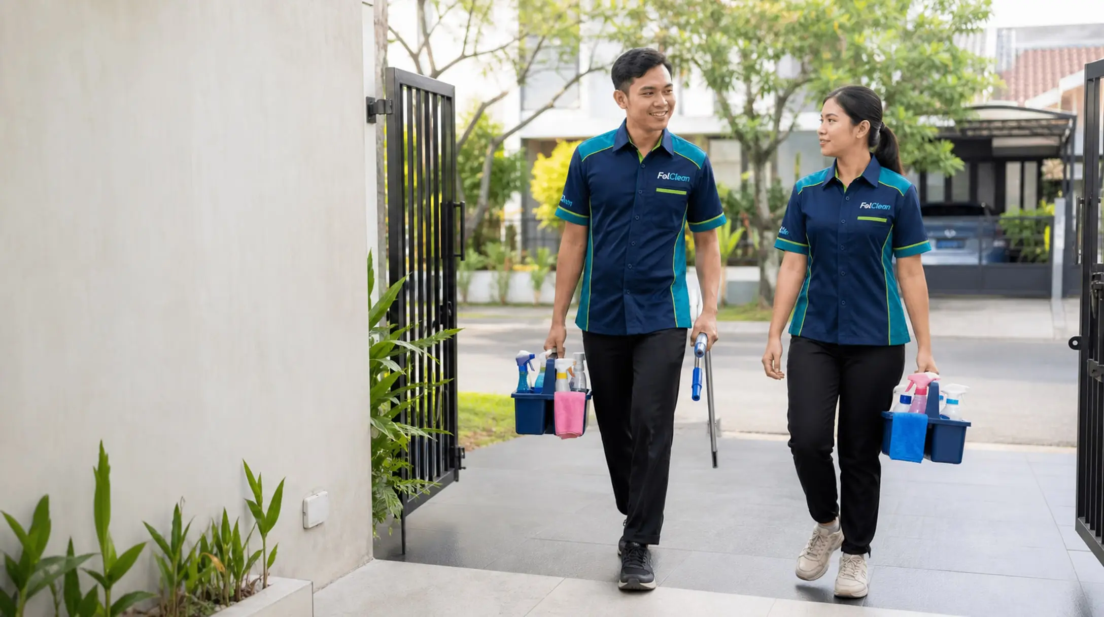 Petugas kebersihan Folclean berjalan menuju gerbang rumah, kedua tangan membawa ember berisi perlengkapan pembersih