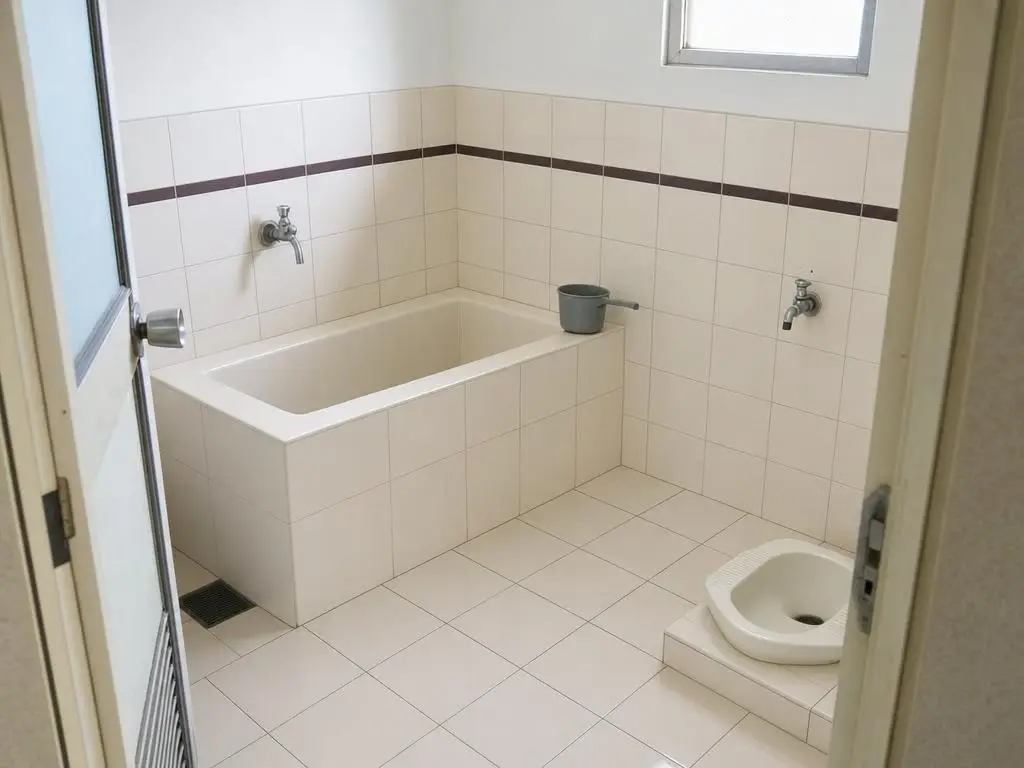 Kamar mandi yang sama setelah dibersihkan, keramik dan nat kembali bersih