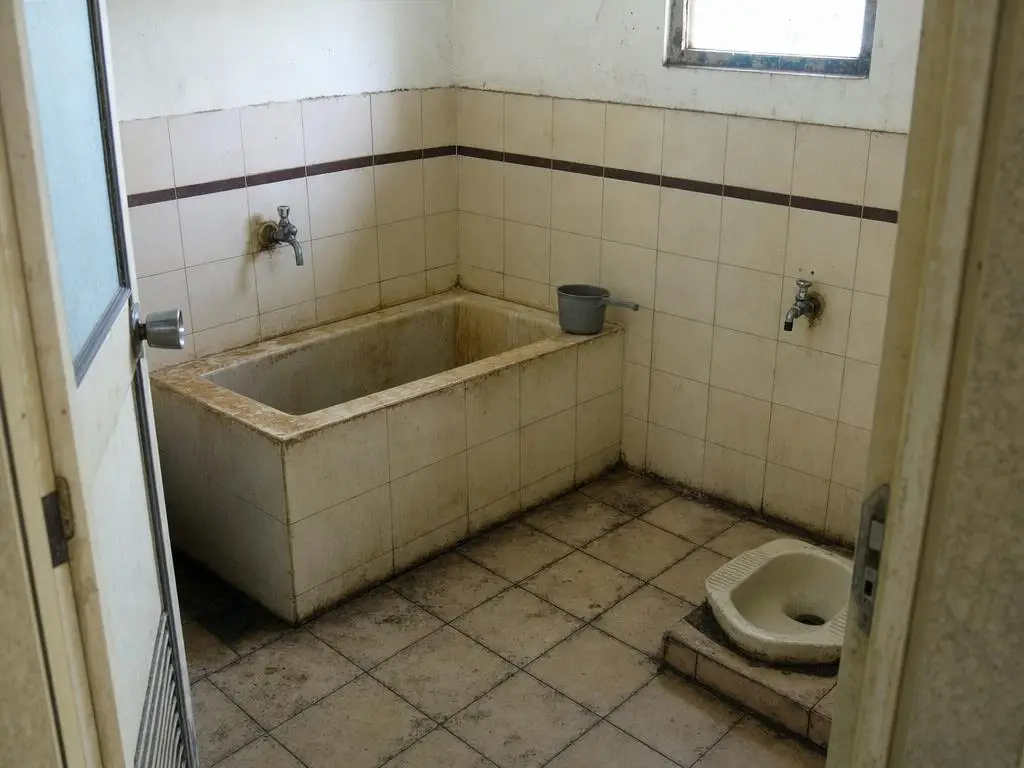 Kamar mandi berkeramik krem dengan bak mandi berkerak kuning dan nat menghitam oleh jamur