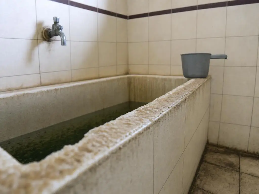 Bibir bak mandi berkerak mineral tebal dengan air berlumut di dalamnya
