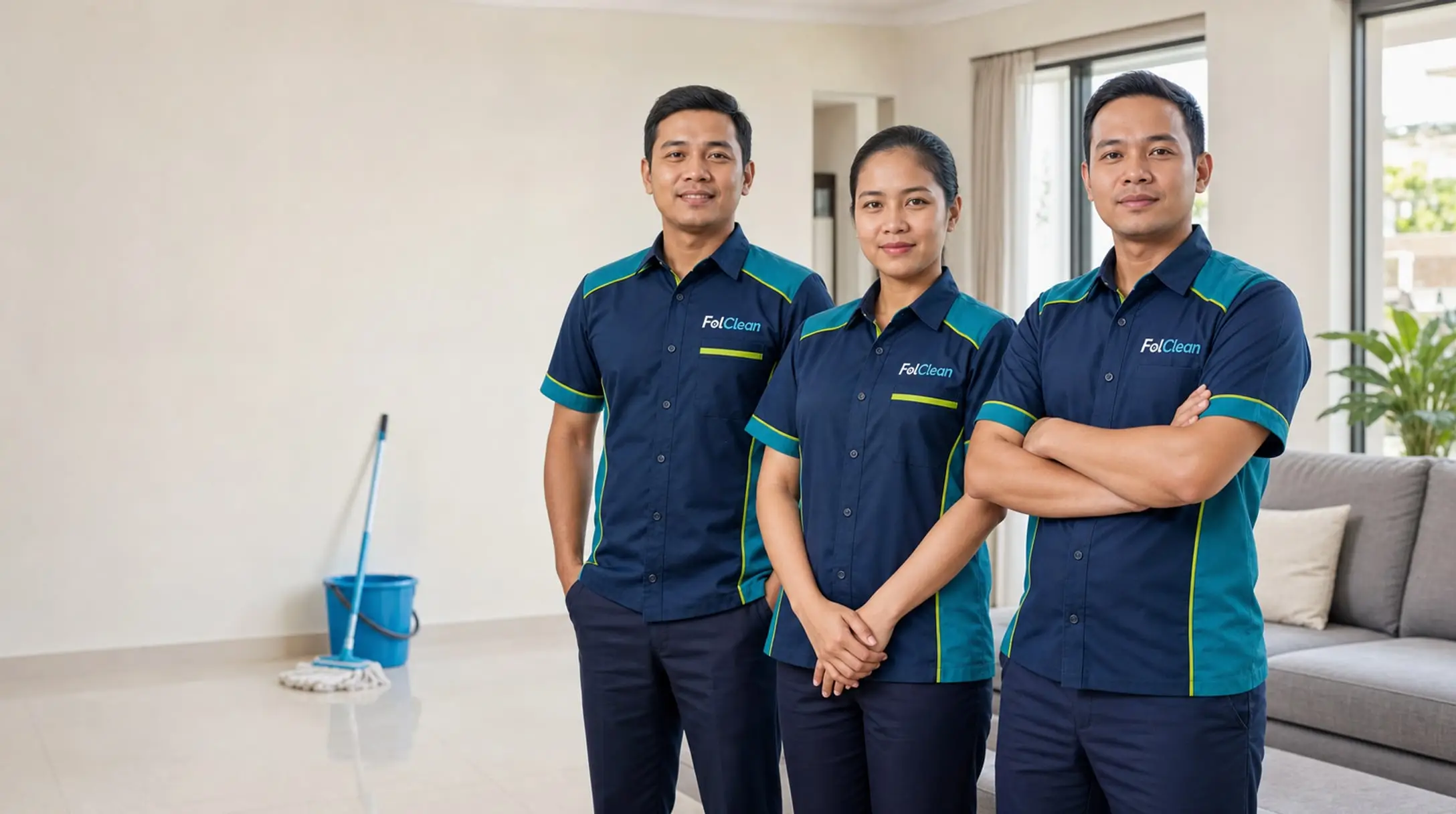 Tiga petugas kebersihan Folclean berseragam teal berdiri menghadap kamera di ruang tamu yang baru dibersihkan