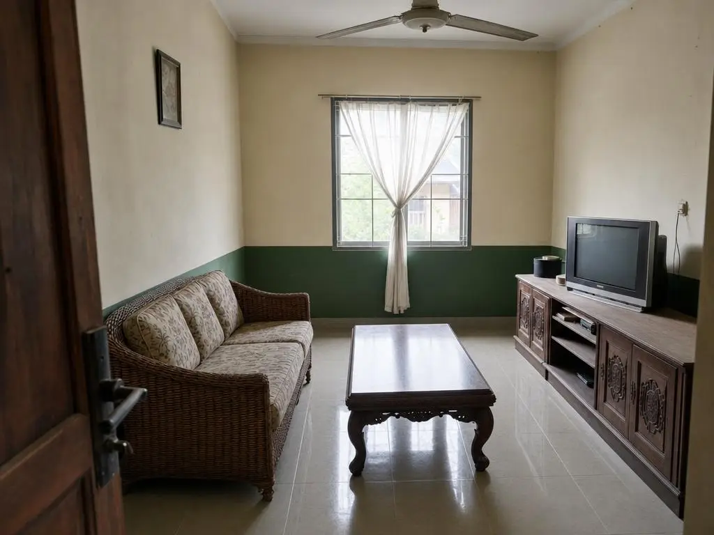 Ruang keluarga yang sama setelah dibersihkan, lantai memantulkan cahaya, meja kopi rapi, bantal tertata