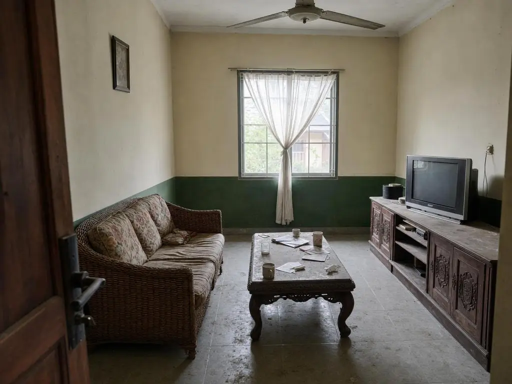 Ruang keluarga berdinding krem berlist hijau tua, lantai keramik abu abu tampak kusam, meja kopi penuh cangkir dan kertas, sofa rotan dengan bantal kusut