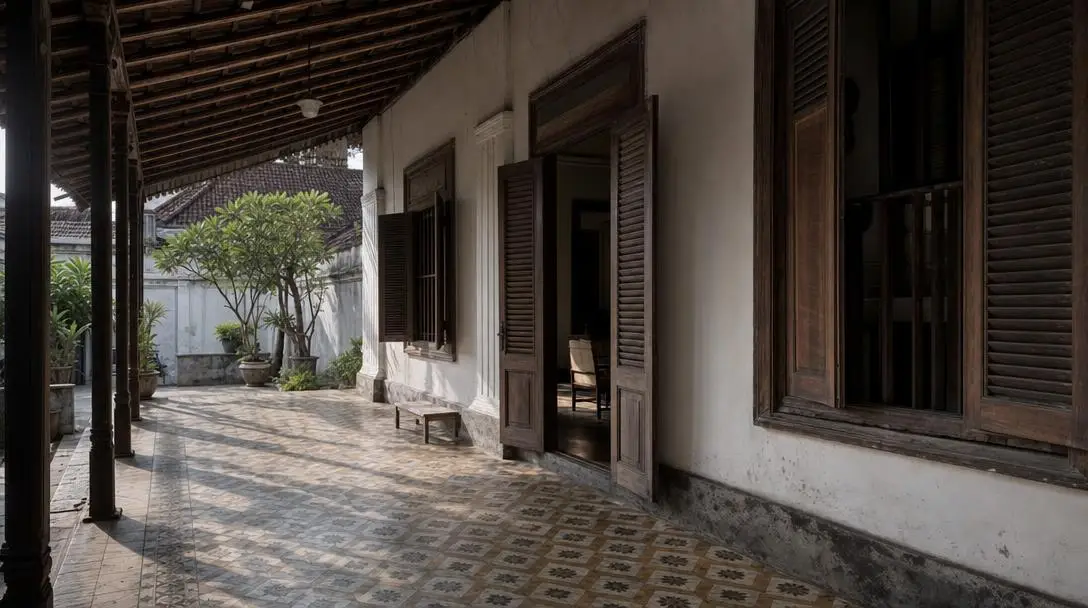 Rumah Jawa lama di kawasan Laweyan Solo, berkusen jati gelap dengan teras berlantai tegel bermotif