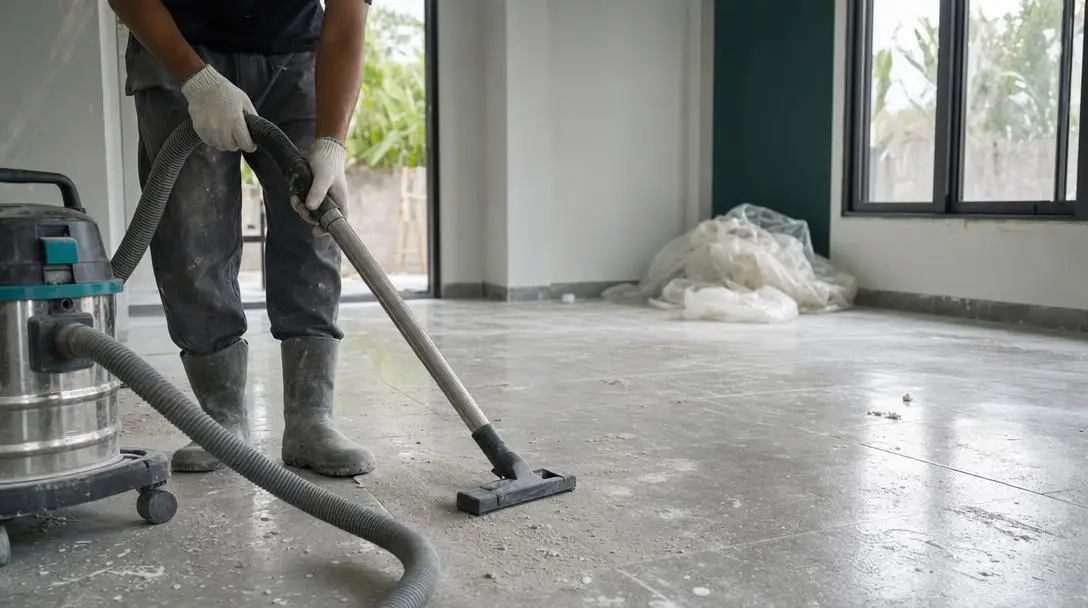 Petugas menyedot debu semen dari lantai rumah yang baru selesai direnovasi