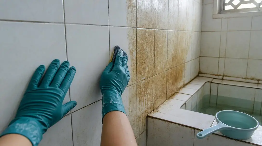 Tangan bersarung tangan menyikat kerak kapur pada dinding keramik kamar mandi berbak mandi
